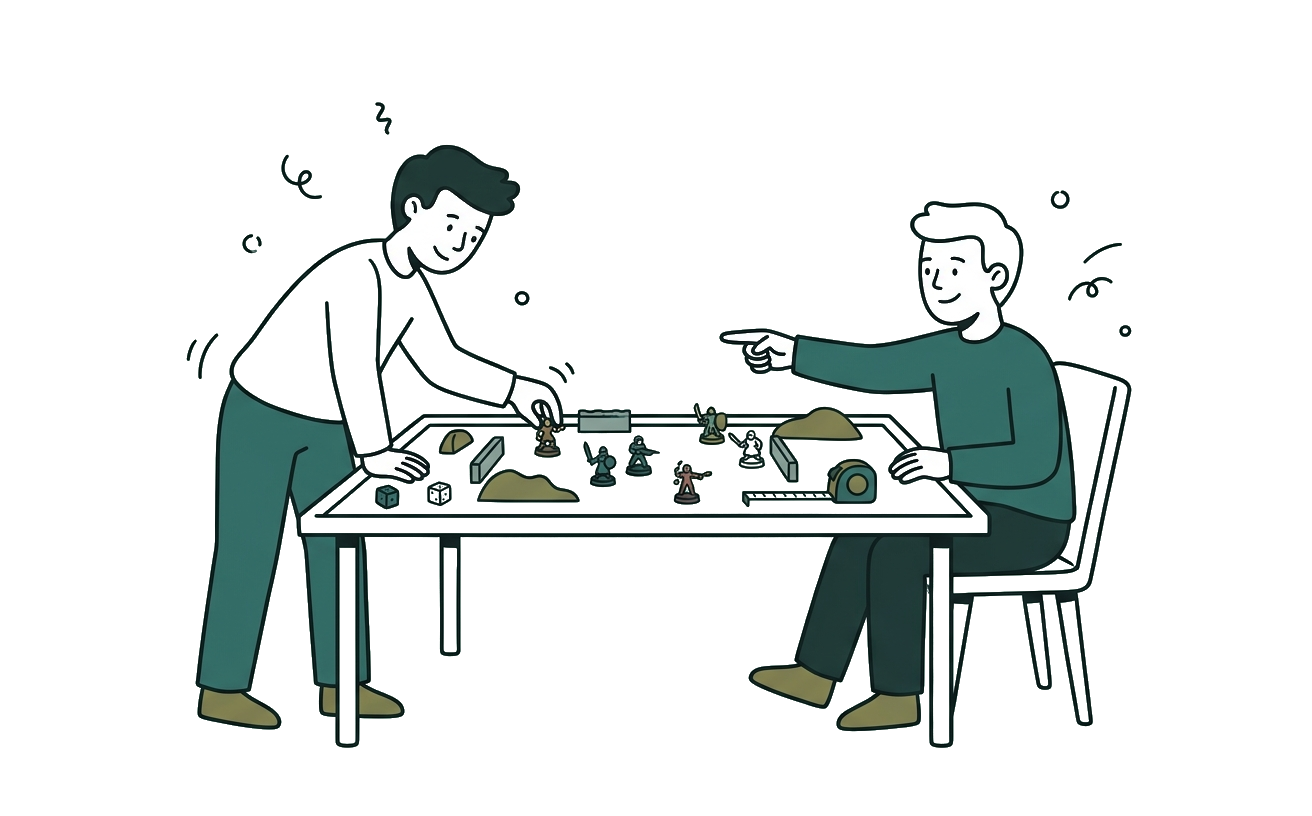 Two players at a table of miniatures, mid-game — one placing a model, one pointing