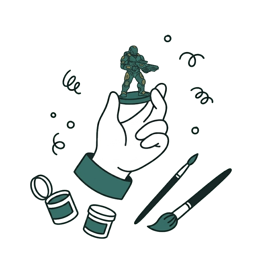 A hand holding up a freshly painted miniature under a lamp